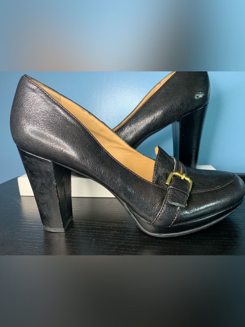 Naturalizer Black Leather Loafers with Gold Buckle Detail